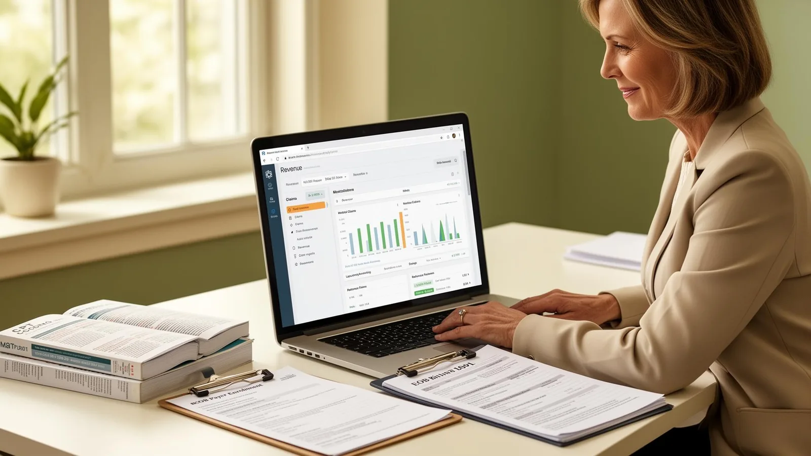 Medical billing and credentialing professional reviewing a revenue cycle dashboard with coding references and payer enrollment paperwork